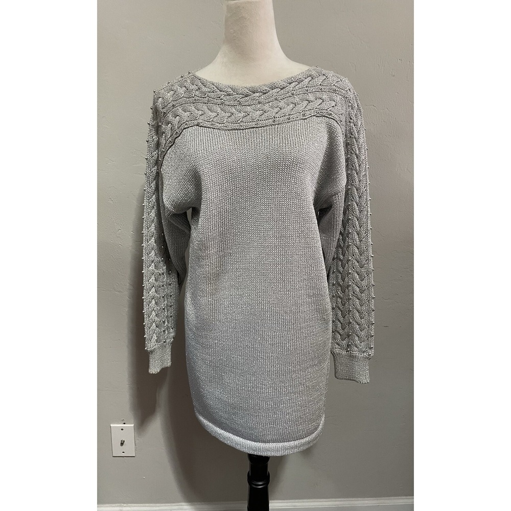 Vtg Christine Phillipe Sweater Dress Silver Shiny Beaded Knee Length Size S